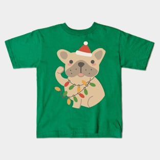 Cute French Bulldog With Santa Hat And Christmas Lights Kids T-Shirt